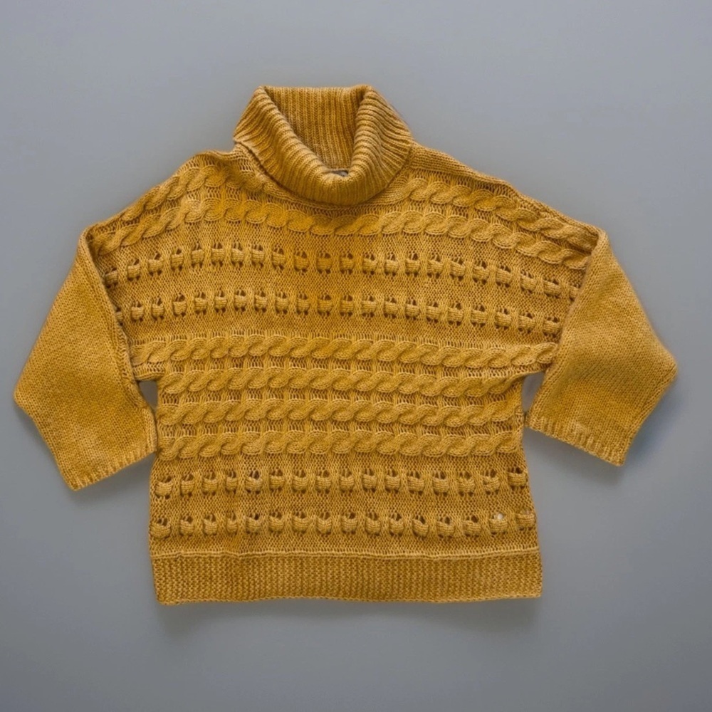 See And Be Seen Sweater Sz M Cable Knit Turtleneck Golden Yellow Oversized Boho